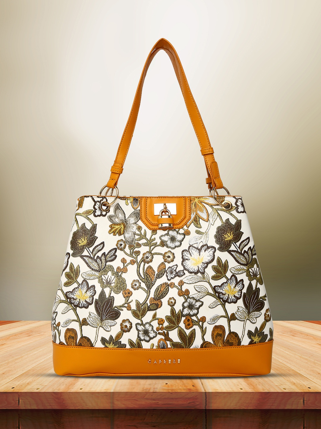 

Caprese Floral Embroidered Structured Leather Shoulder Bag, Orange