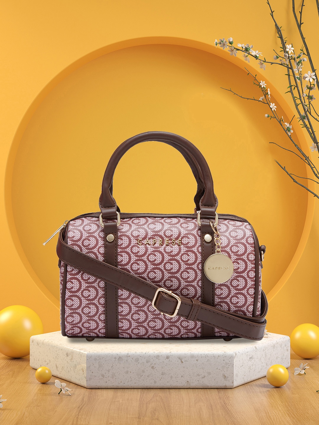 

Caprese Leather Bowling Handheld Bag, Brown