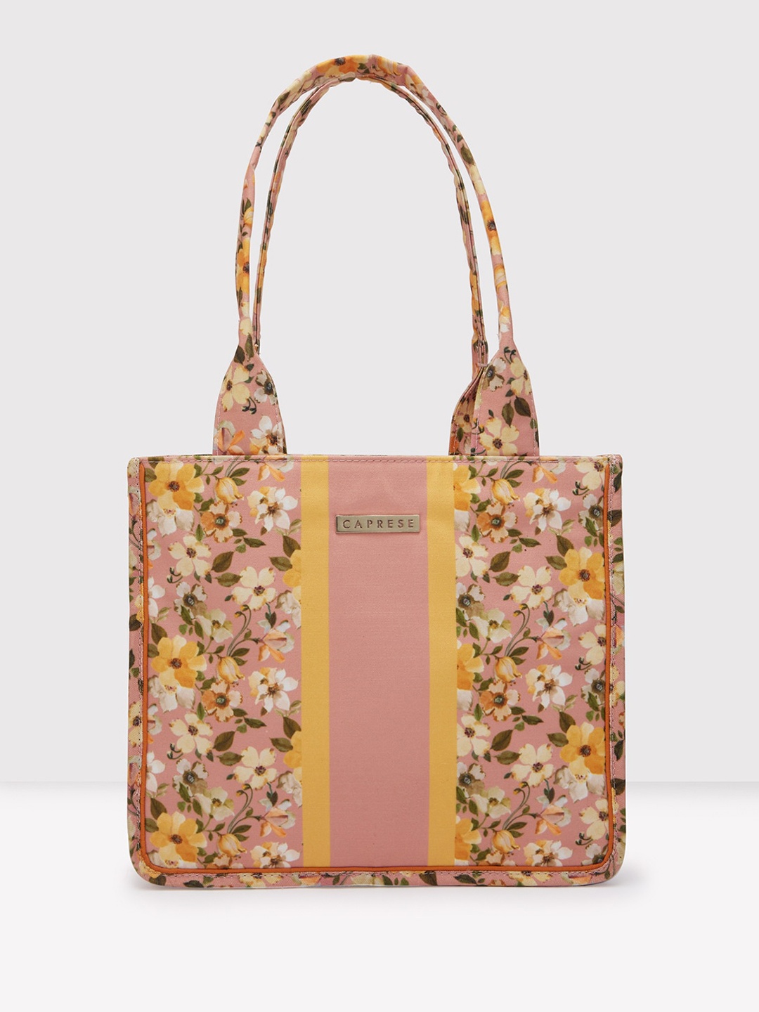 Caprese Floral Printed Leather Structured Handheld Bag, Yellow