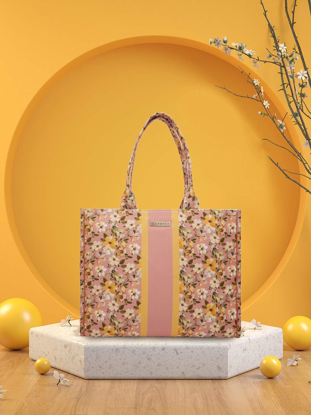 

Caprese Floral Printed Leather Structured Tote Bag, Yellow