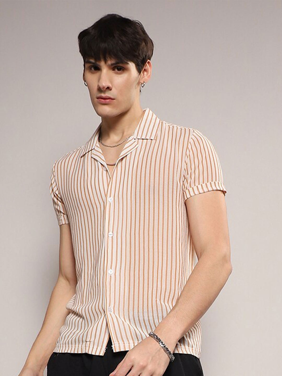

Campus Sutra Classic Vertical Striped Cuban Collar Casual Shirt, Peach