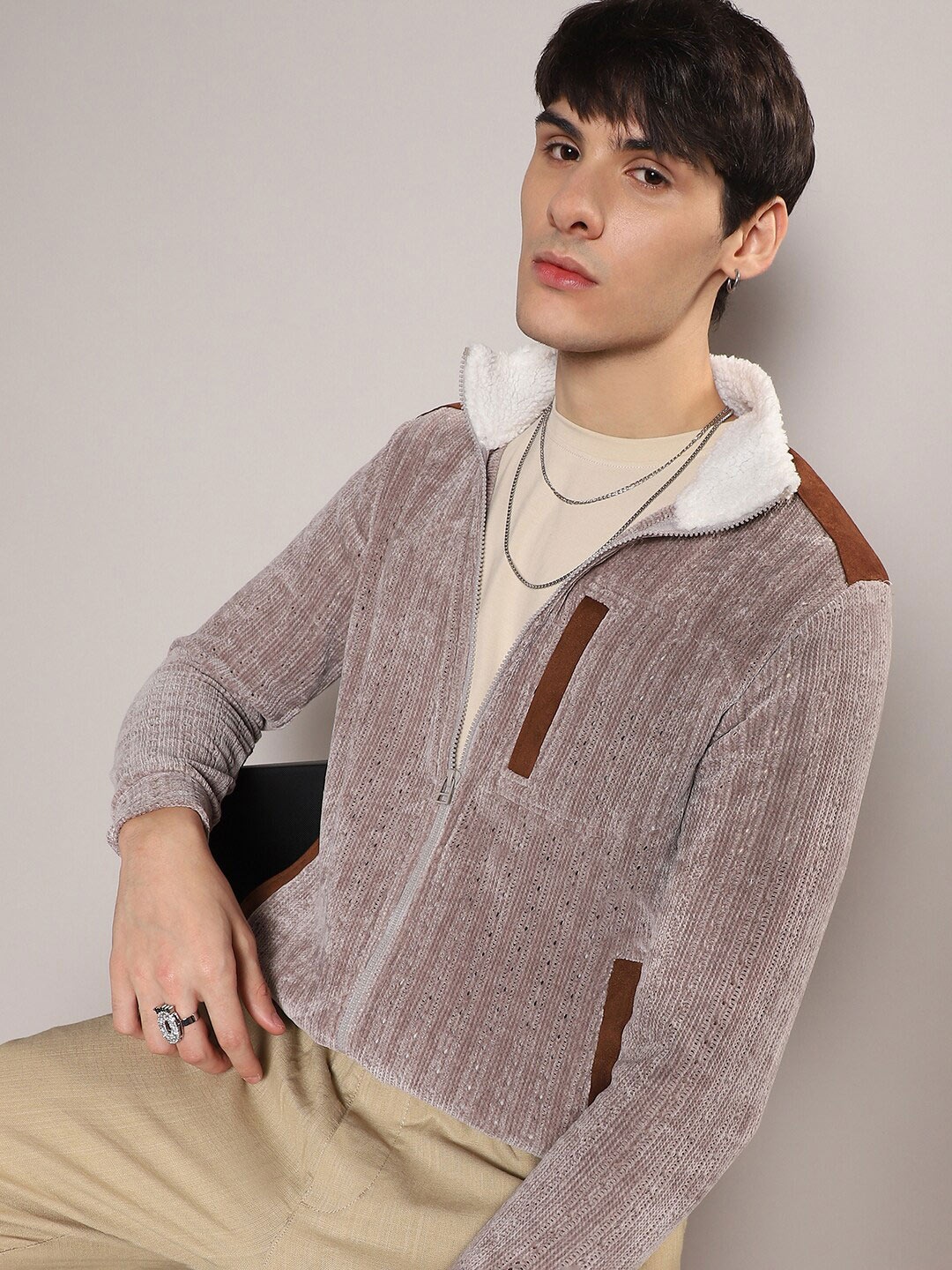 

Campus Sutra Open Knit Self Design Mock Collar Cotton Front-Open Sweater, Brown