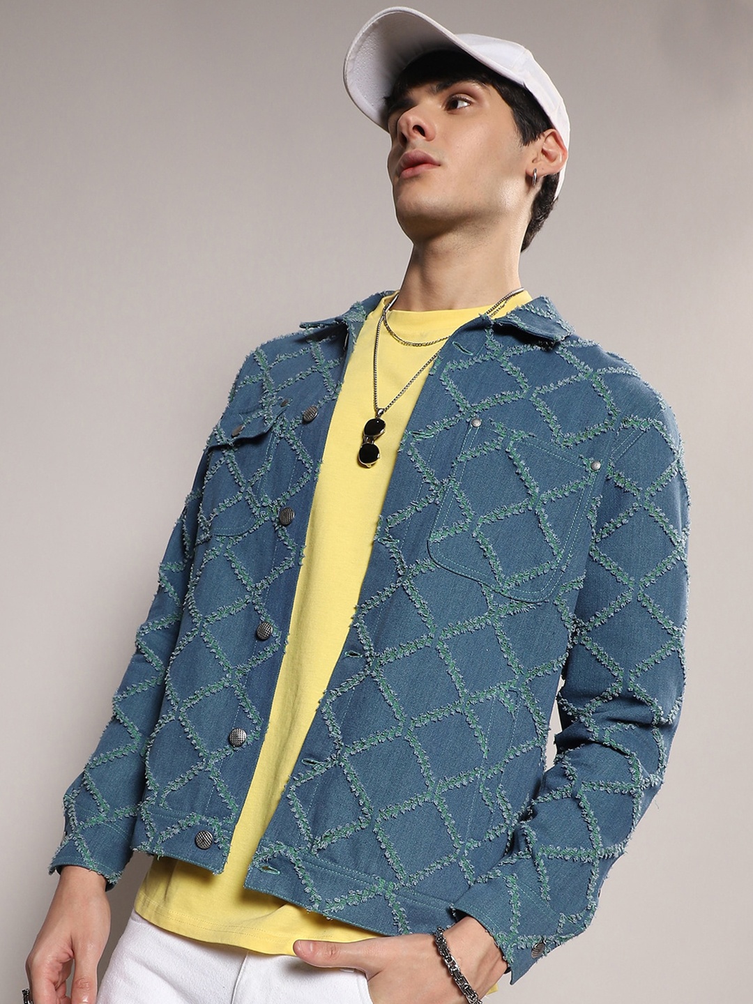

Campus Sutra Windcheater Spread Collar Self Design Cotton Denim Jacket, Blue