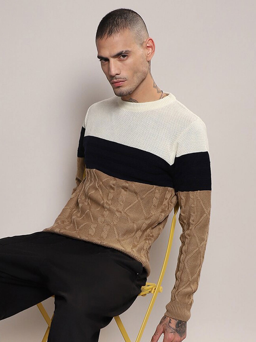 

Campus Sutra Colourblocked Cotton Pullover, Off white