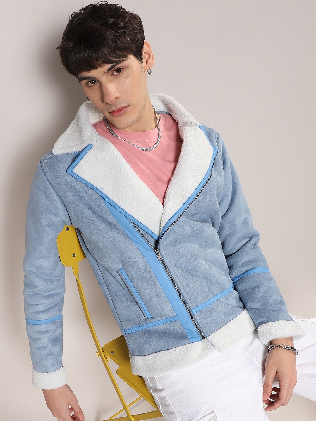 Campus Sutra Colourblocked Windcheater Faux Fur Trim Tailored Jacket, Blue