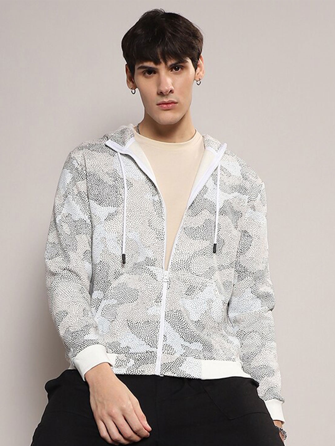 Campus Sutra Abstract Printed Cotton Hooded Sweatshirt, Grey