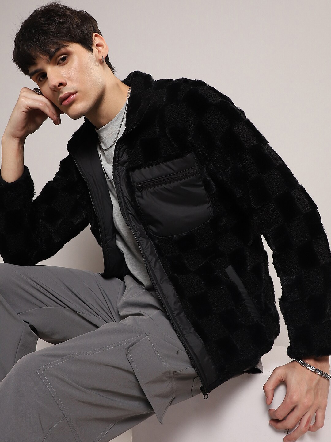 

Campus Sutra Black Checked Windcheater Puffer Jacket With Faux Fur Trim