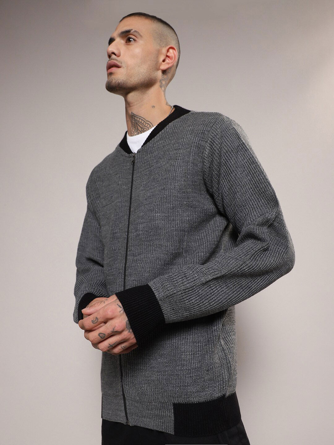 

Campus Sutra Mock Collar Acrylic Front-Open Sweater, Grey