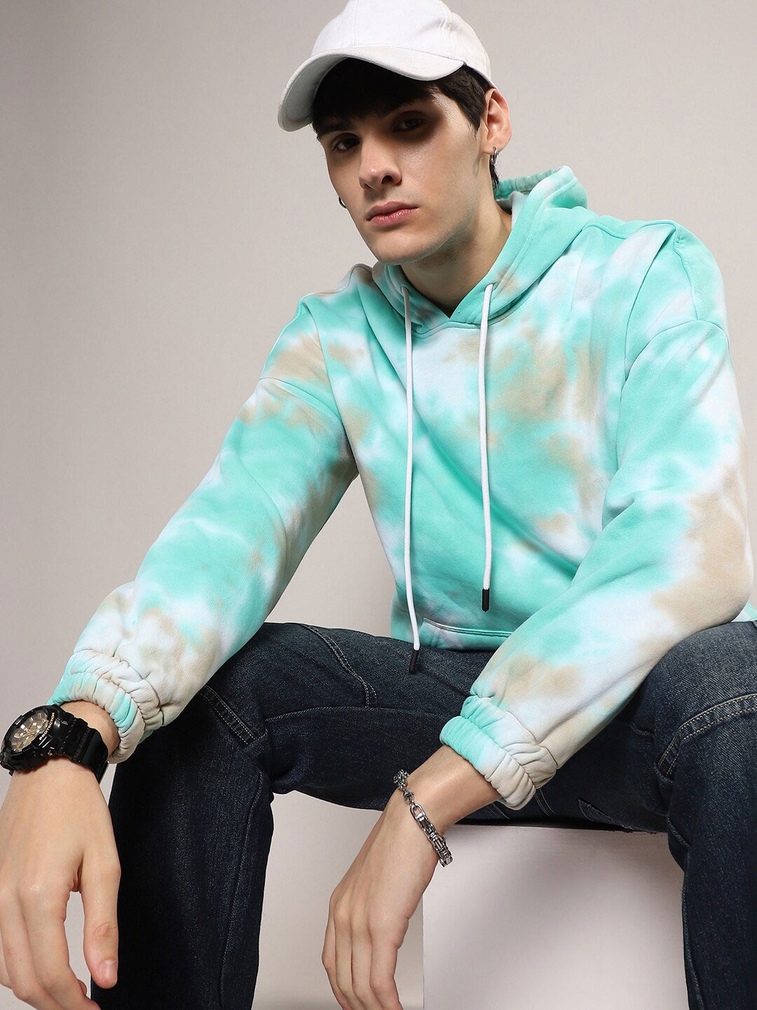 

Campus Sutra Tie-Dye Hooded Long Sleeve Cotton Pullover Sweatshirt, White