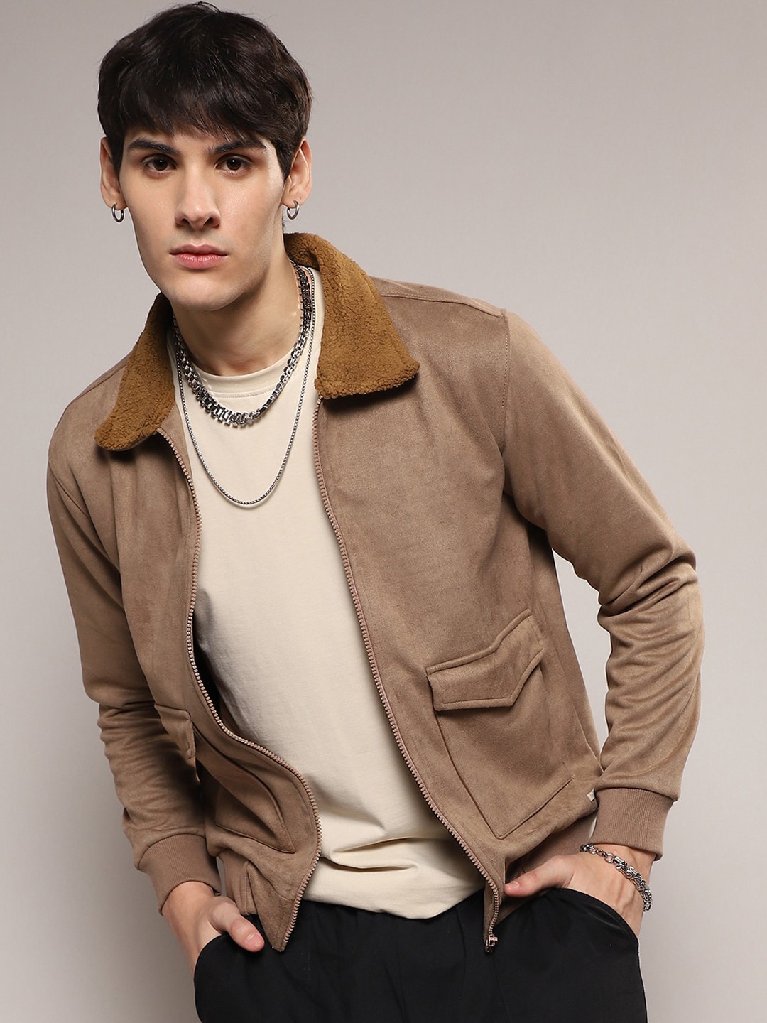 Campus Sutra Windcheater Faux Fur Trim Cotton Bomber Jacket, Beige