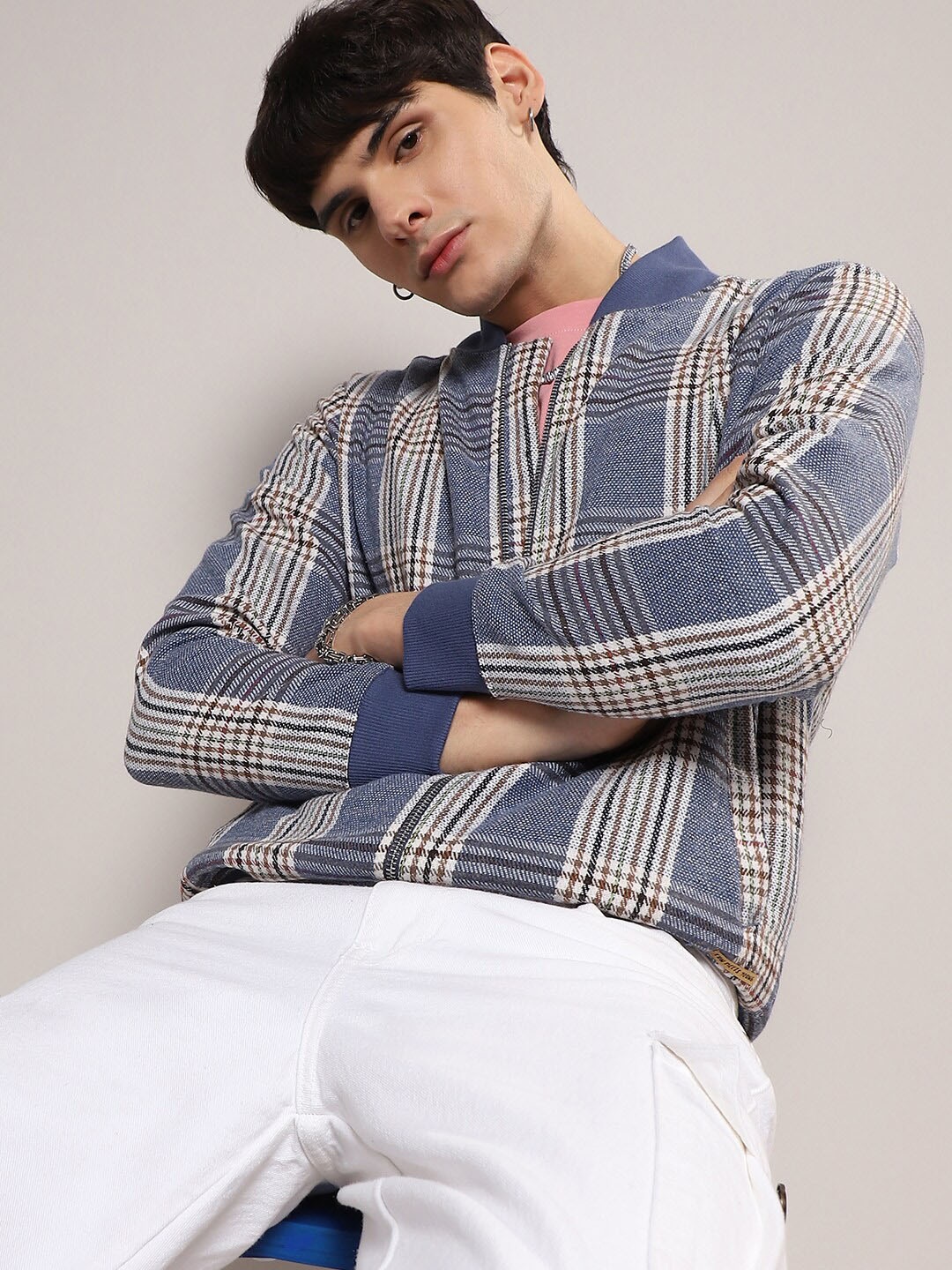 Campus Sutra Tartan Checked Windcheater Cotton Bomber Jacket, Blue