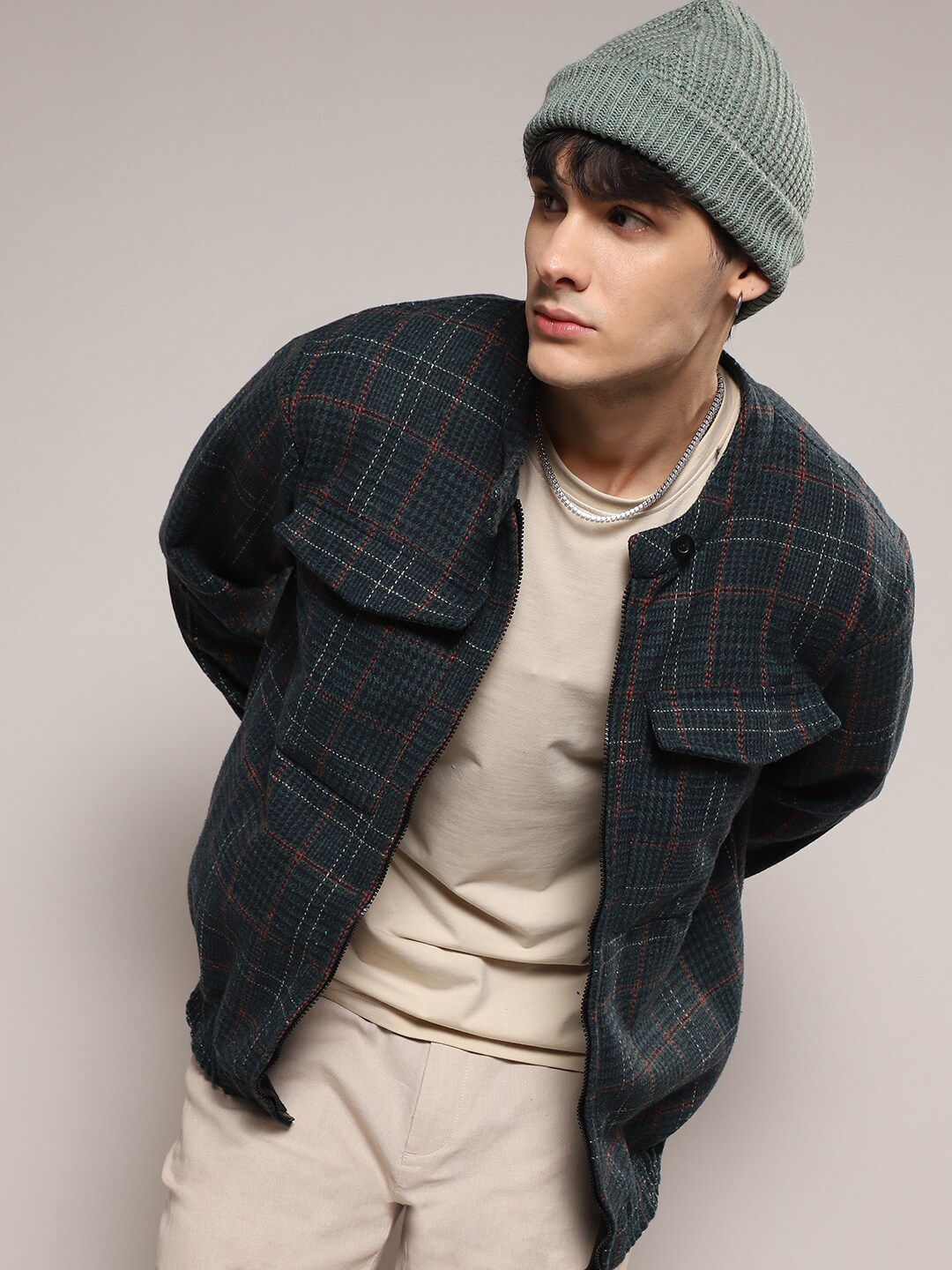 

Campus Sutra Tartan Checked Windcheater Cotton Tailored Jacket, Green