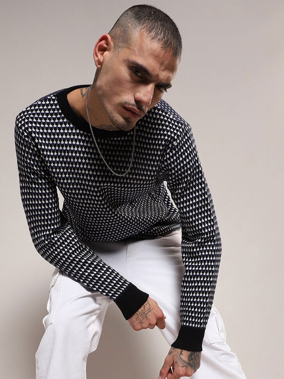 

Campus Sutra Geometric Self Design Acrylic Pullover, Black