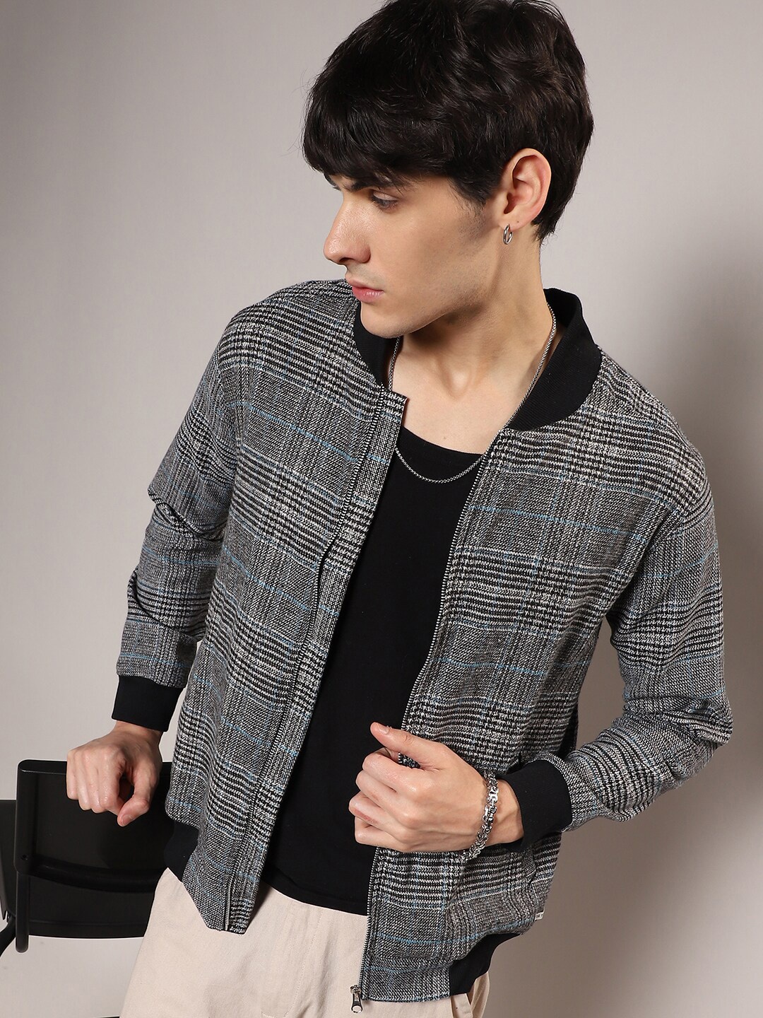 

Campus Sutra Black Checked Windcheater Bomber Jacket