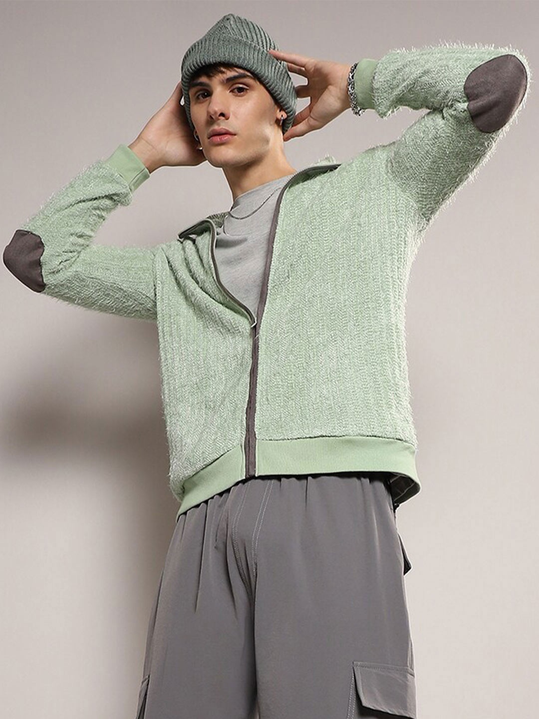 

Campus Sutra Ribbed Mock Collar Cotton Front-Open Sweater, Green