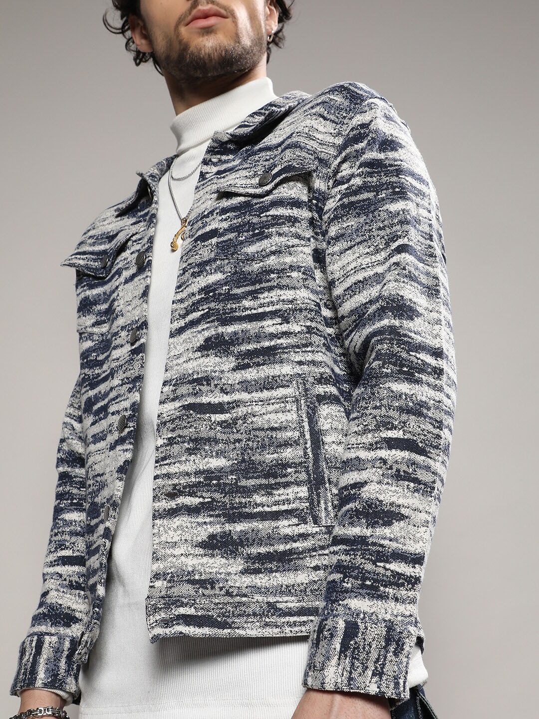 

Campus Sutra Abstract Printed Windcheater Cotton Tailored Jacket, Navy blue