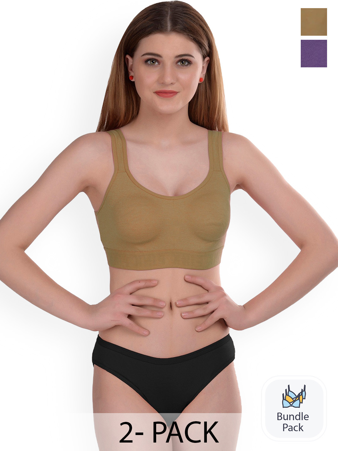 

PIBU Pack Of 2 Cotton Bras With Briefs, Brown