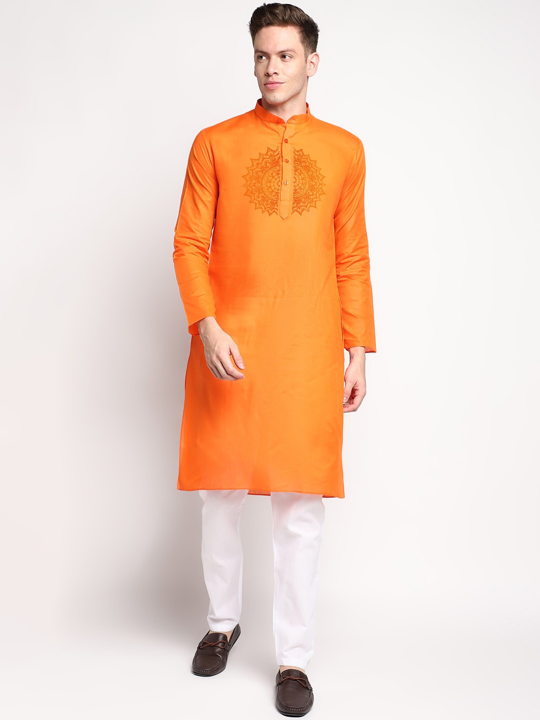 

DEVOILER Ethnic Motifs Printed Band Collar Straight Kurta With Pyjama, Orange