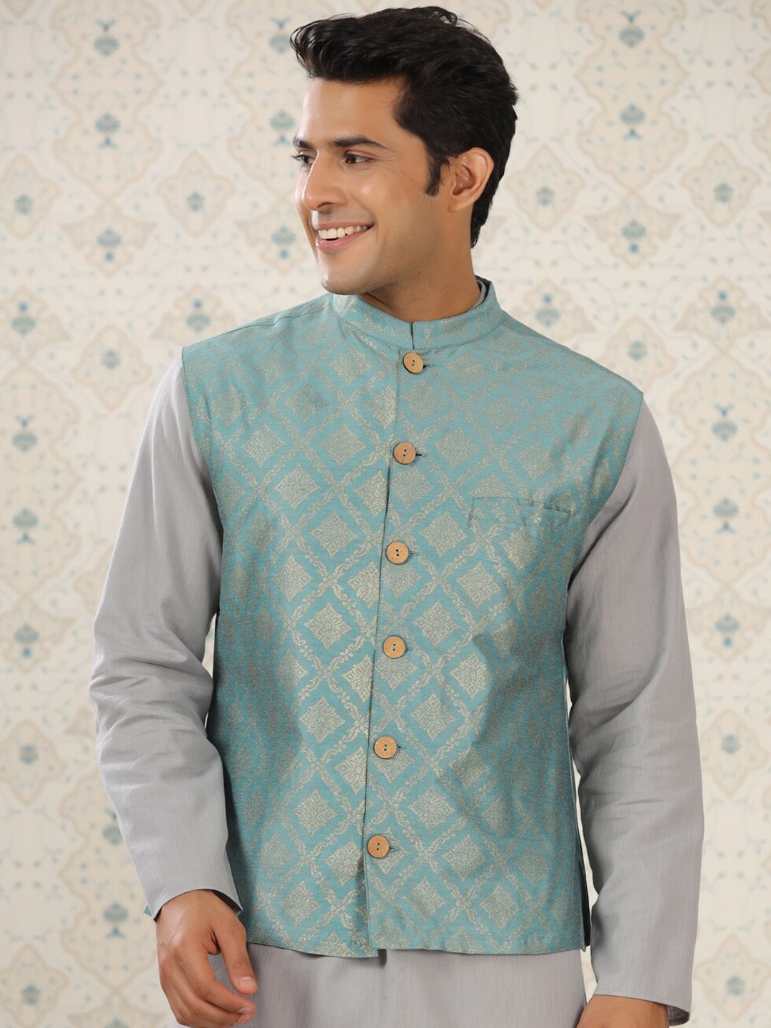 

Ode by House of Pataudi Ethnic Motifs Printed Cotton Linen Nehru Jacket, Blue