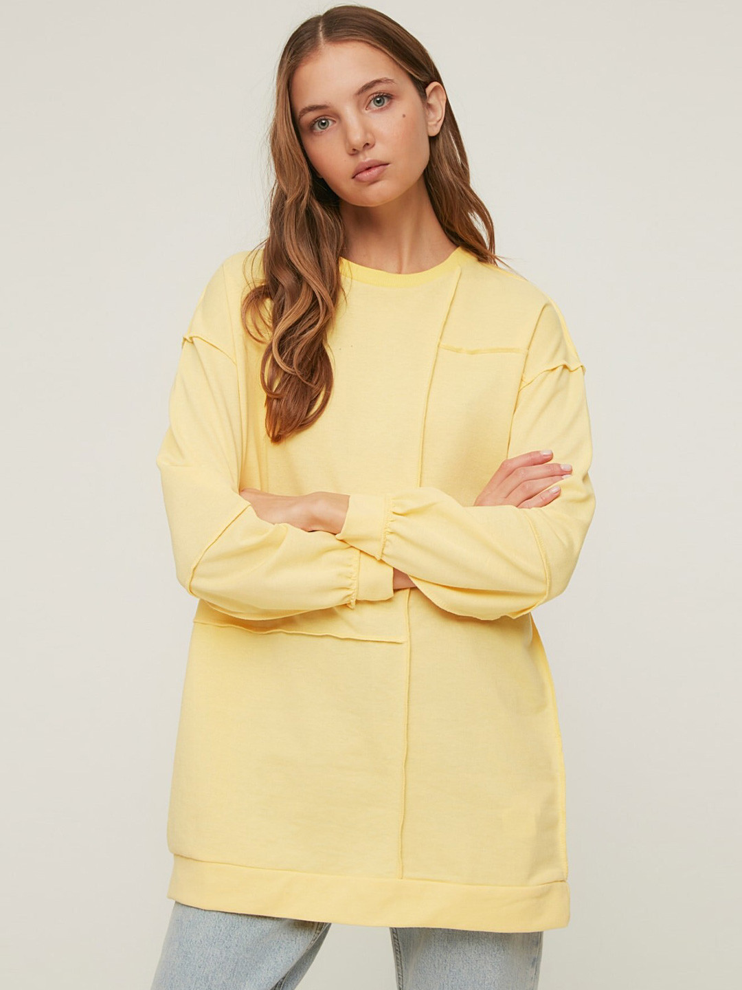 

Trendyol Round Neck Long Sleeve Longline Pullover Sweatshirt, Yellow
