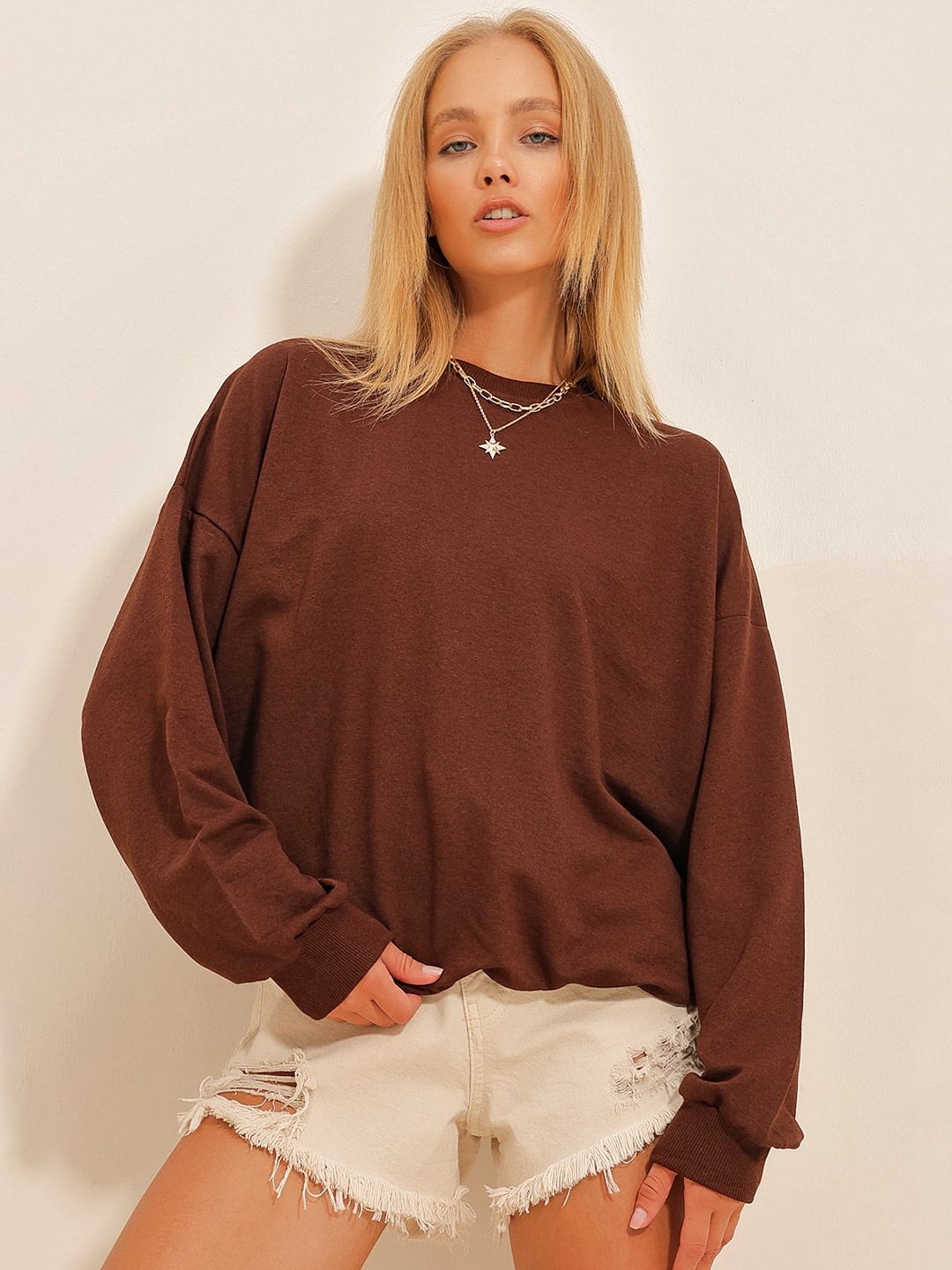 

Trend Alacati stili Round Neck Pure Cotton Pullover Sweatshirt, Brown