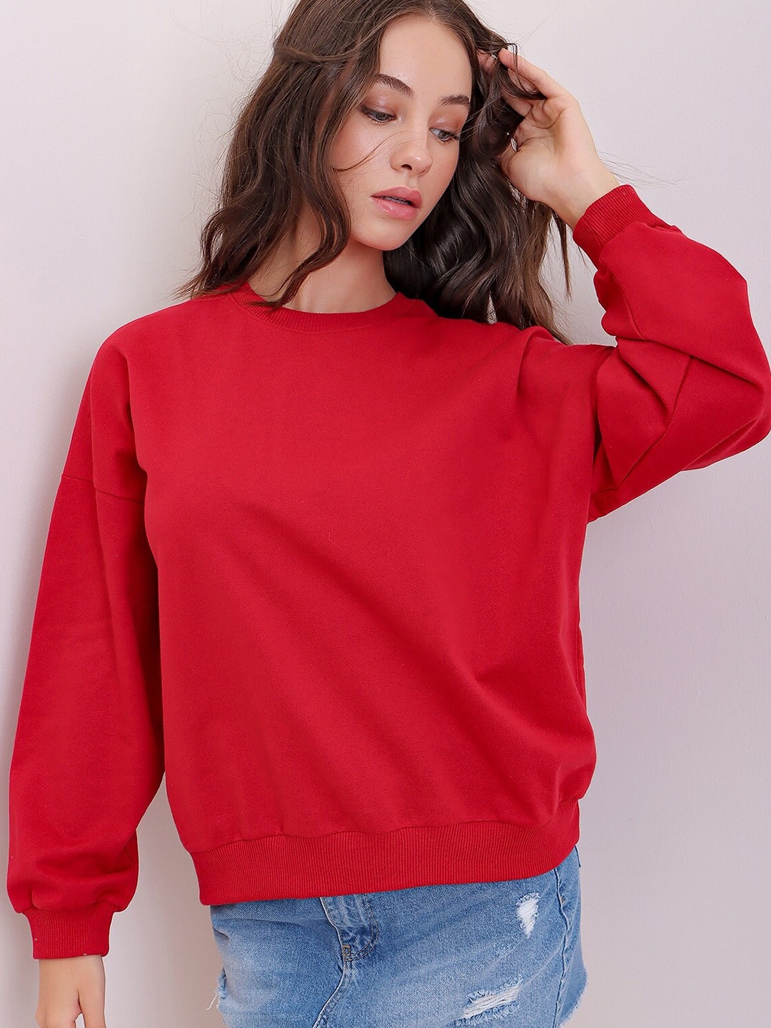 

Trend Alacati stili Round Neck Pure Cotton Pullover Sweatshirt, Red