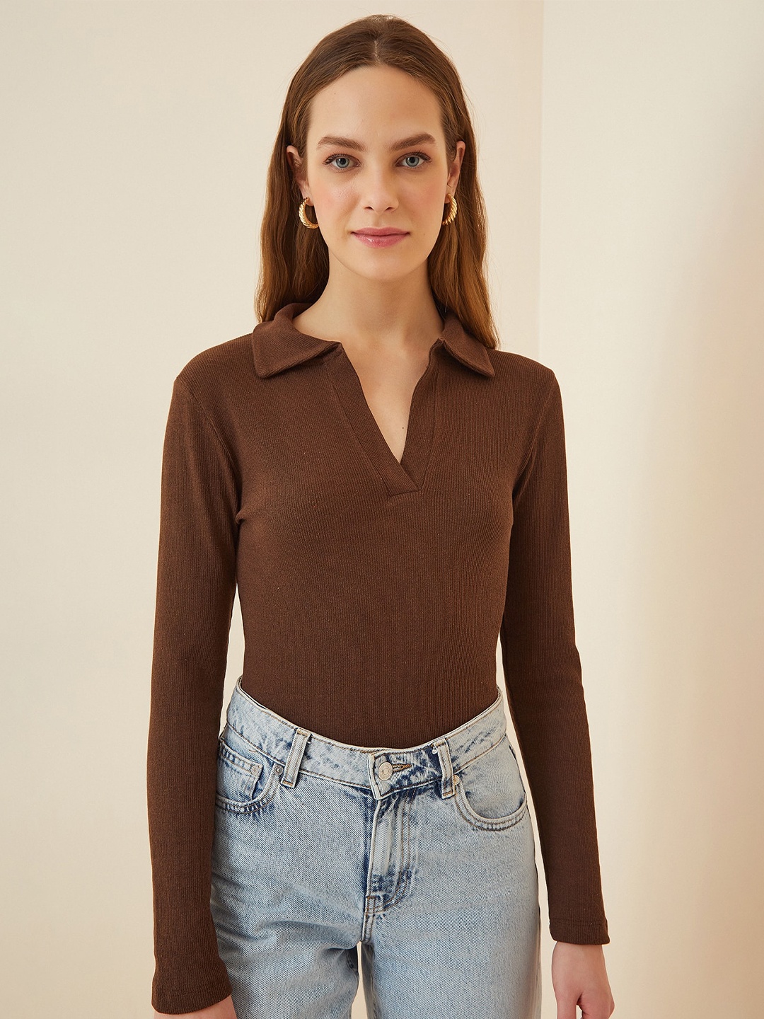 

Happiness istanbul Shirt Collar Long Sleeves Top, Brown