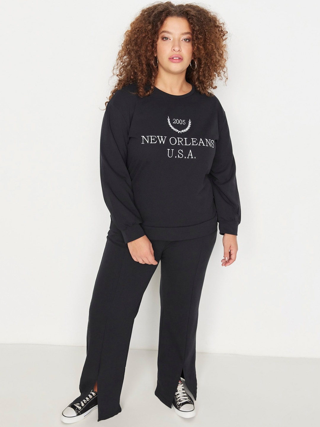 

Trendyol Typography Printed Round Neck Tracksuit, Black