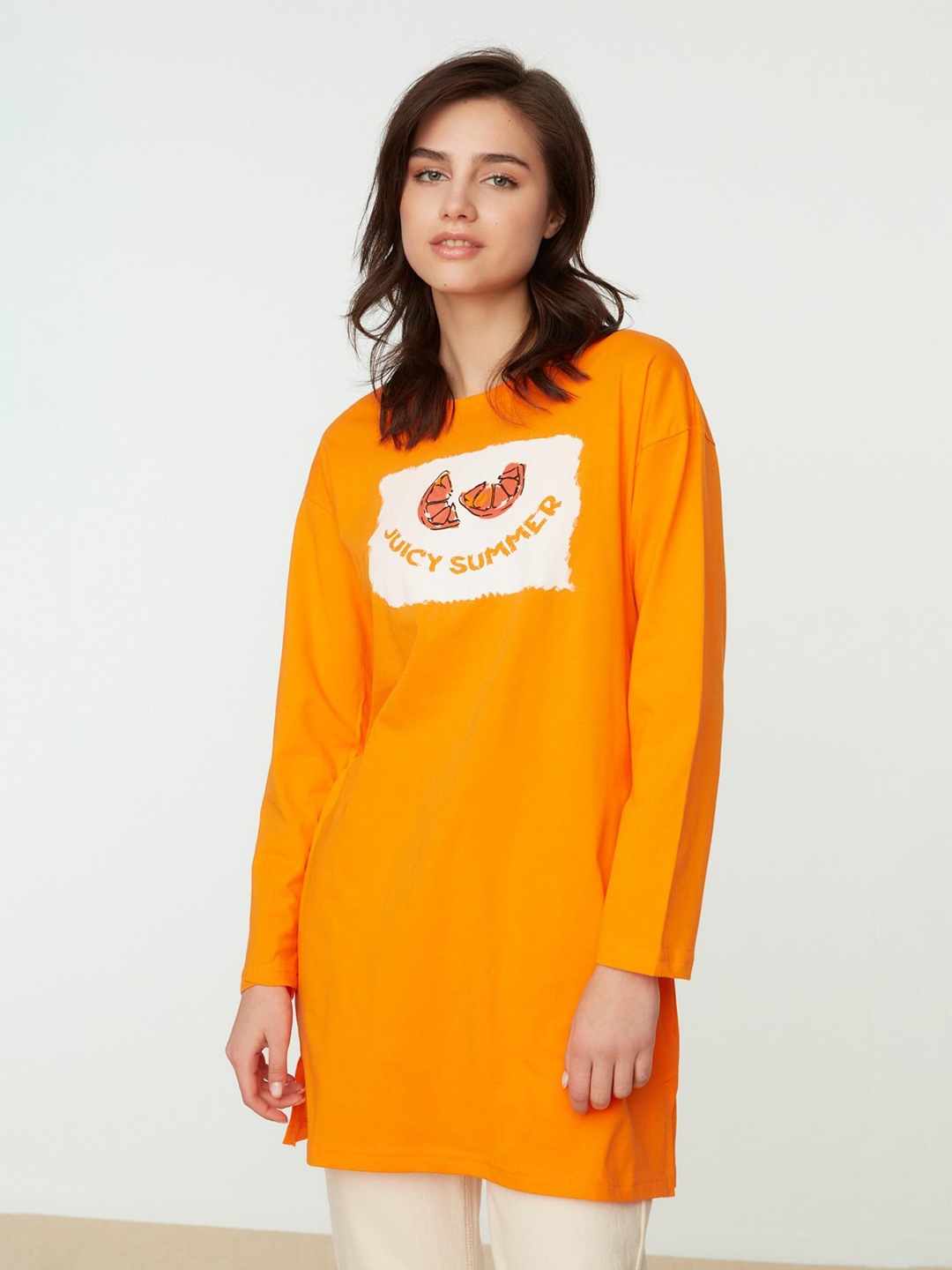 

Trendyol Graphic Printed Longline Pure Cotton Tshirts, Orange