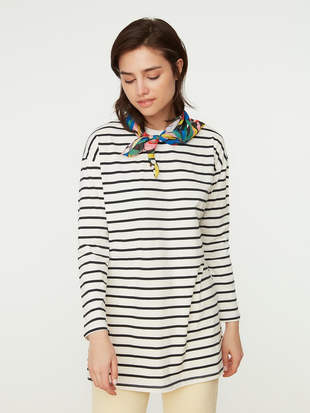 

Trendyol Striped Longline Tshirt, White