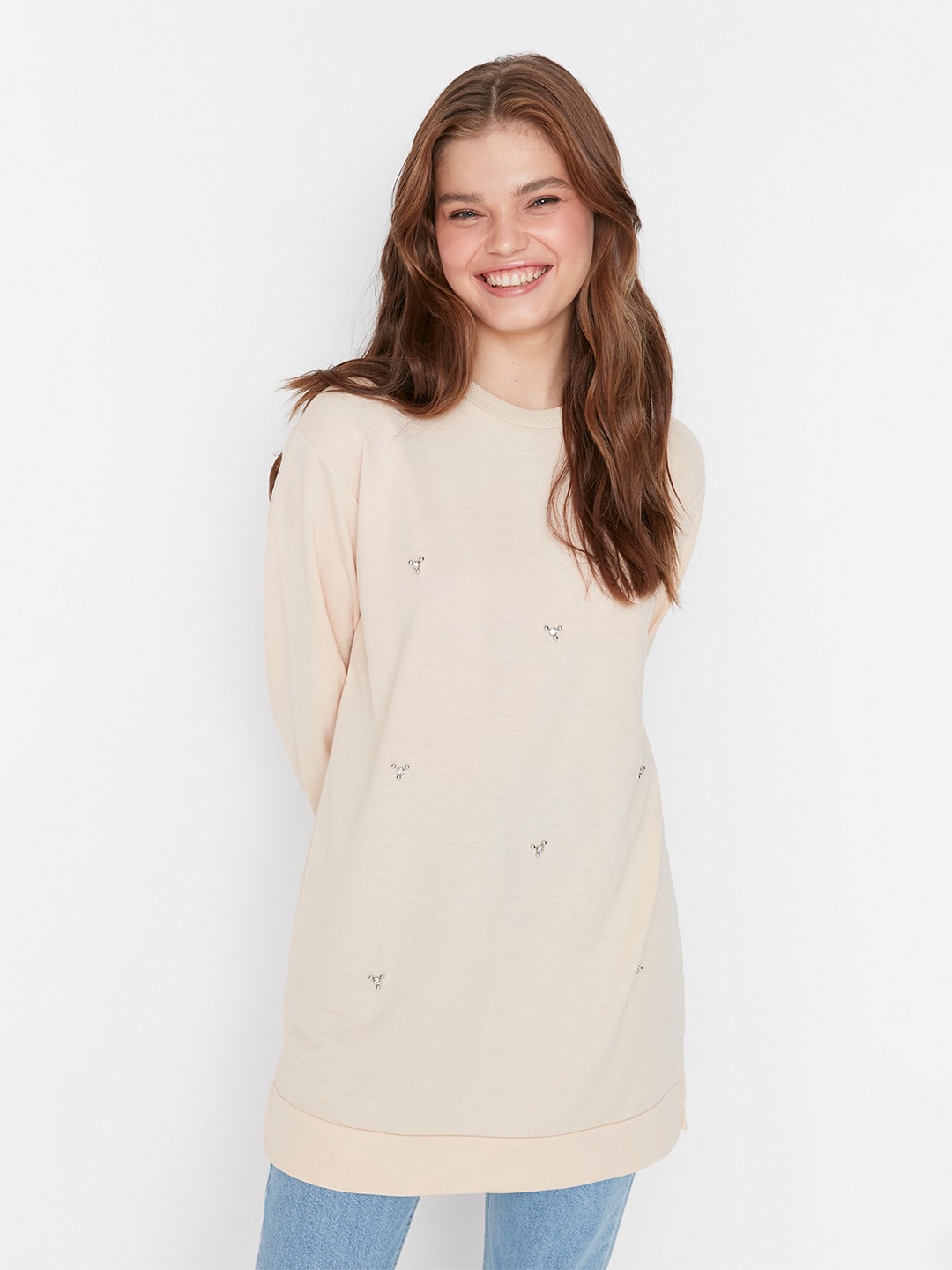 

Trendyol Round Neck Embellished Detail Longline T-shirts, Off white