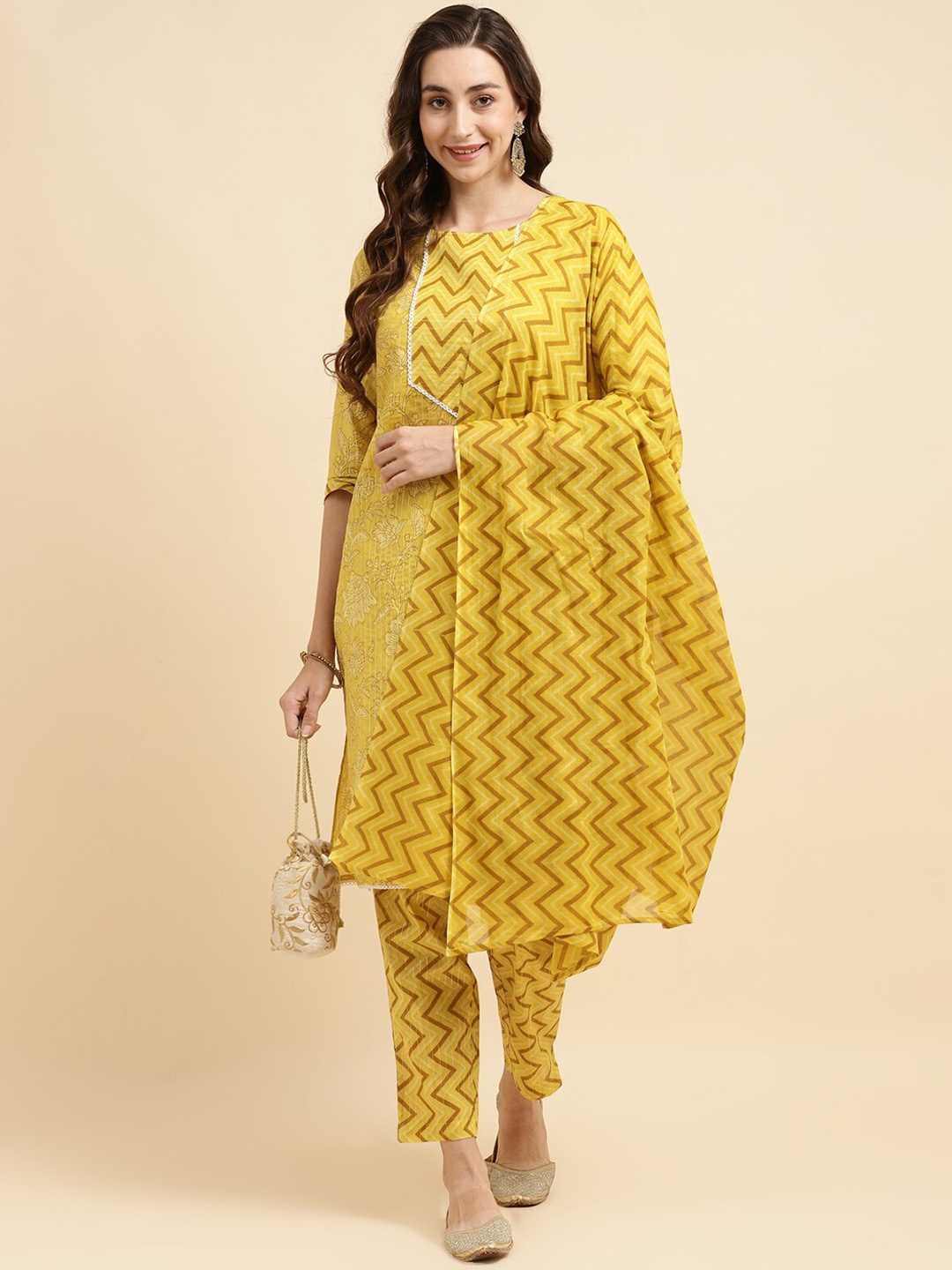 

Rangita Floral Printed Pure Cotton Kurta With Trousers & Dupatta, Yellow