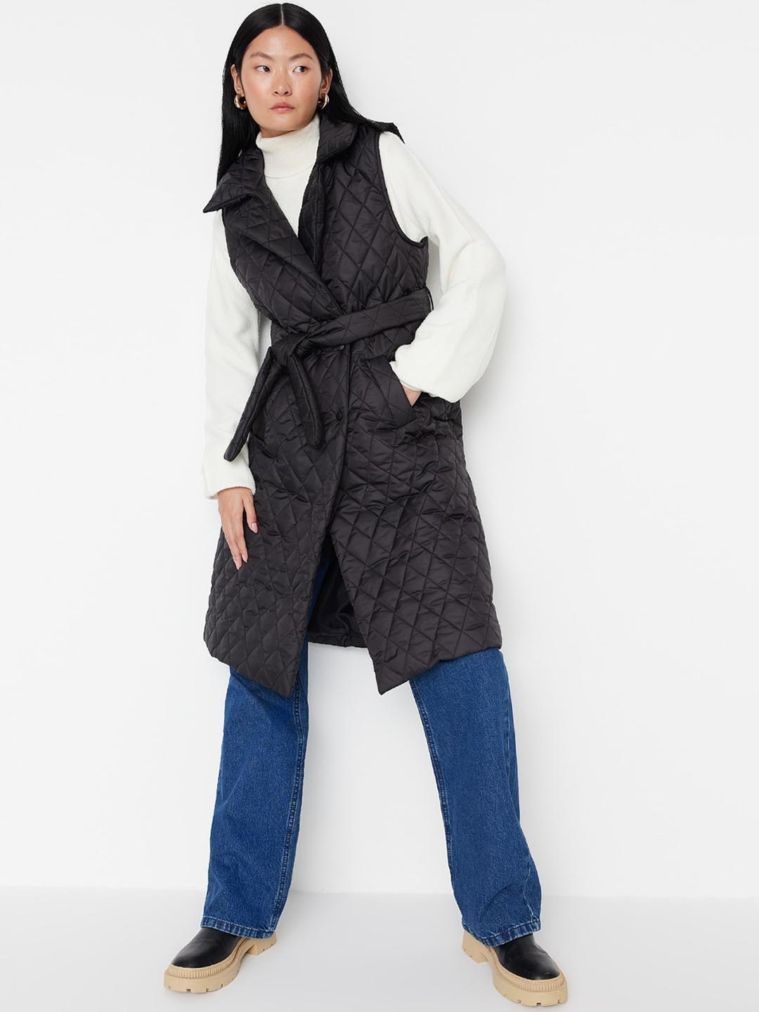 

Trendyol Lapel Collar Longline Quilted Jacket, Black