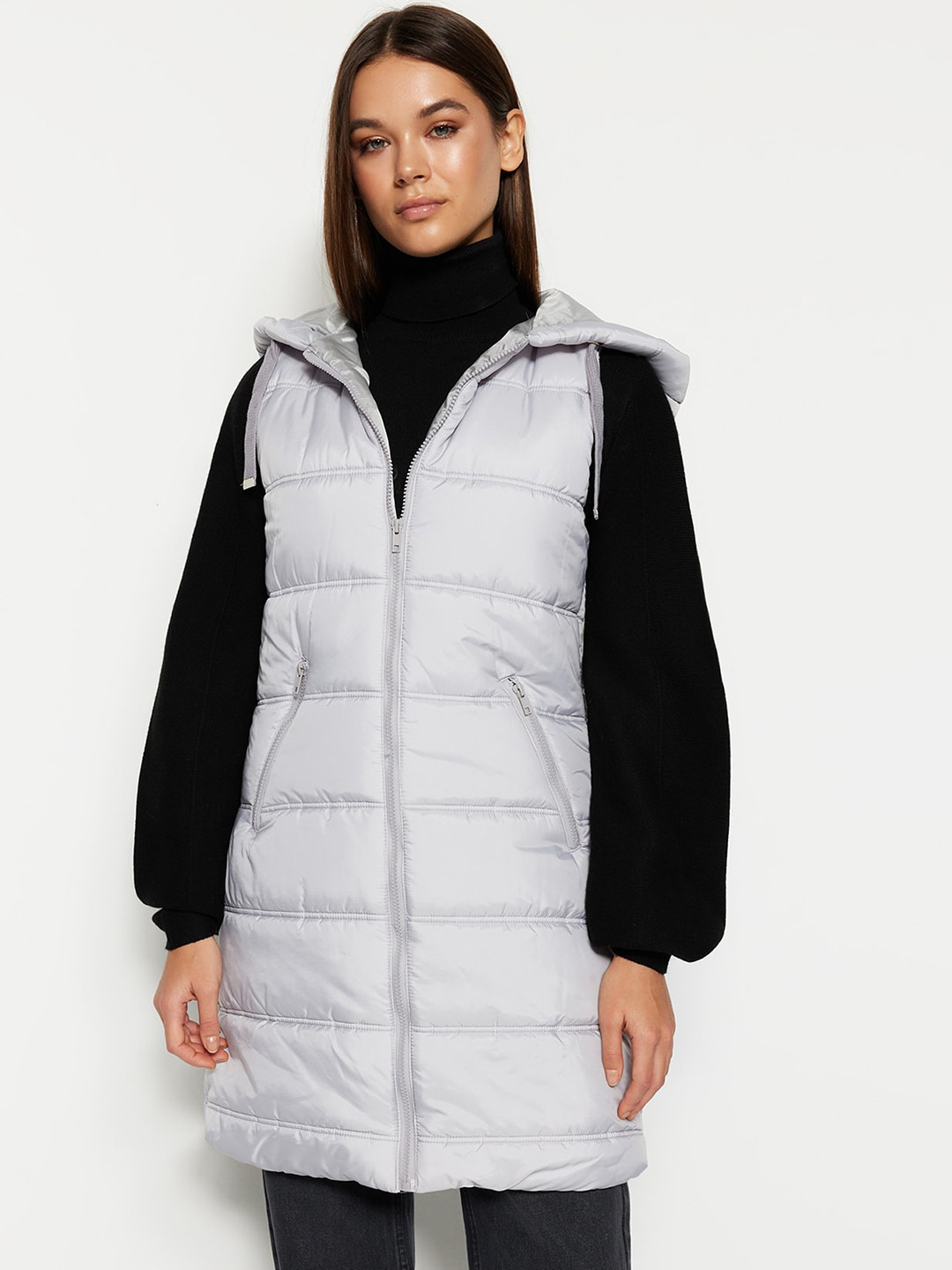 

Trendyol Sleeveless Hooded Longline Puffer Jacket, Grey