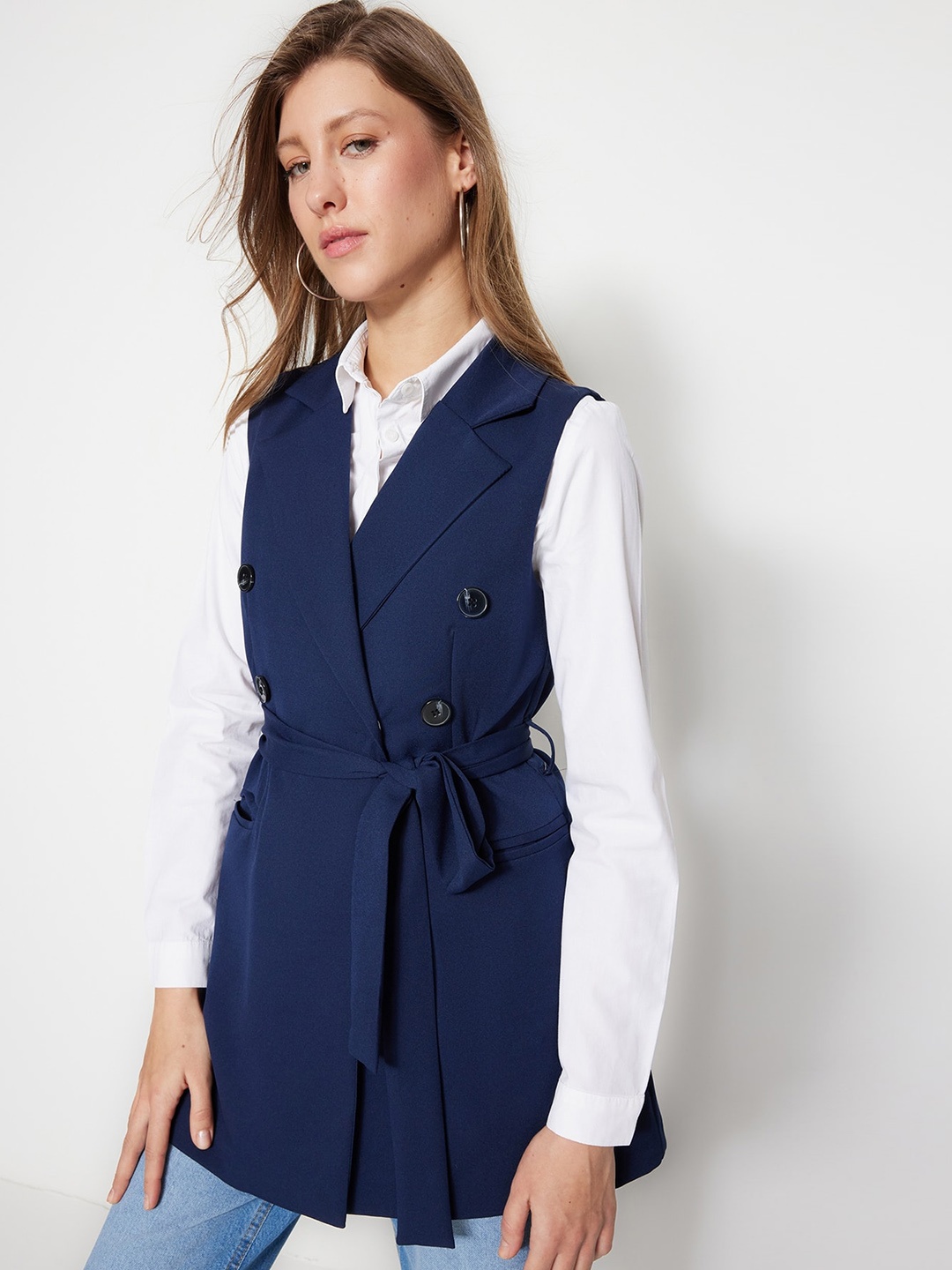 Trendyol Notched Lapel Single-Breasted Trench coat, Navy blue