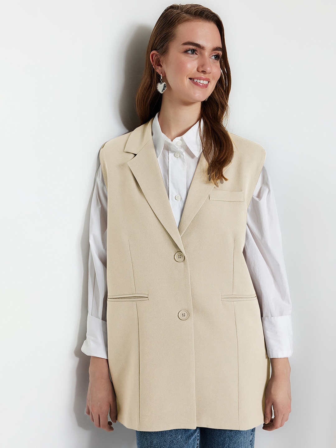 

Trendyol Notched Lapel Single-Breasted Trench coat, Cream