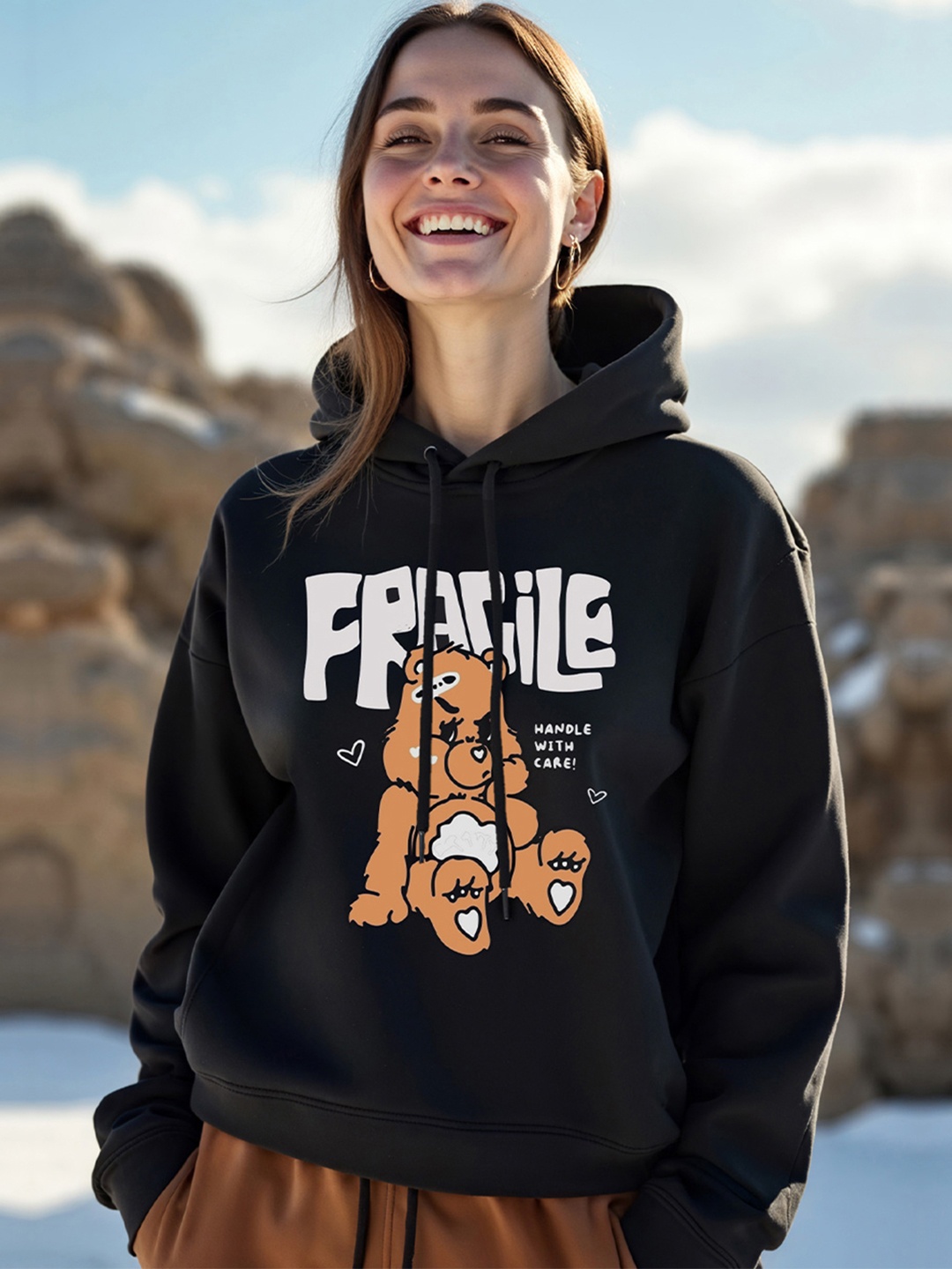 

Bewakoof Black Graphic Printed Hooded Fleece Oversized Sweatshirt