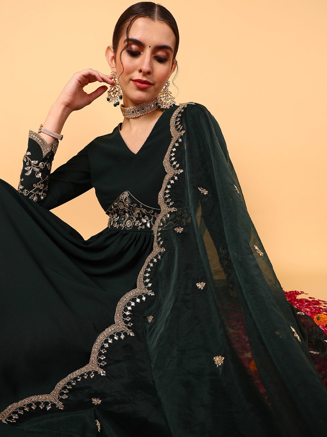 

AHIKA Green Embroidered Zari Work Georgette Fit & Flare Ethnic Dress With Dupatta