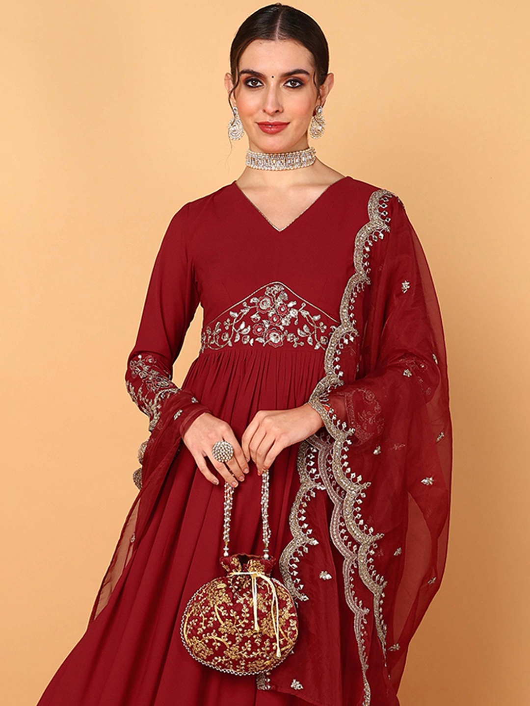 

AHIKA Ethnic Motifs Embroidered Sequined Georgette A Line Ethnic Dress With Dupatta, Red