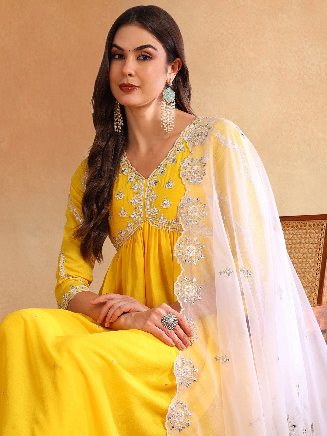 

AHIKA Ethnic Motifs Embroidered Empire Sequinned Kurta With Trousers & Dupatta, Yellow