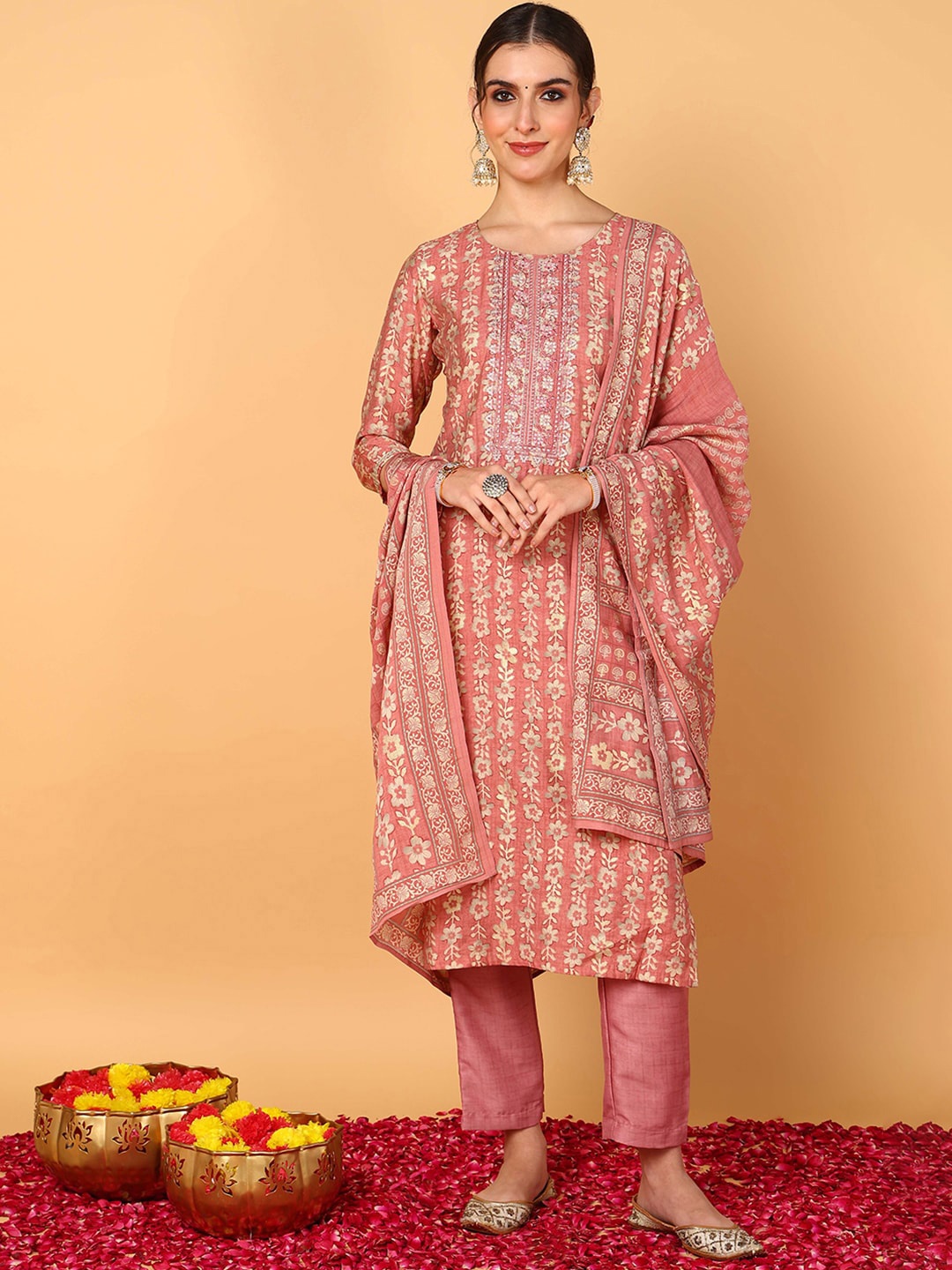 

AHIKA Floral Printed Thread Work Kurta With Trousers & Dupatta, Pink
