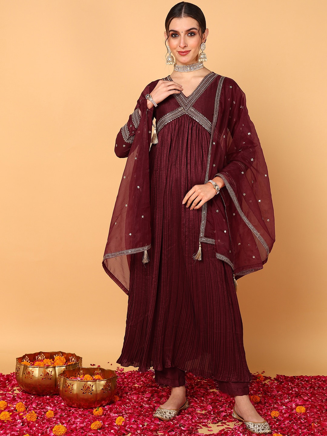 AHIKA Embroidered Pleated Kurta With Trousers & Dupatta, Maroon