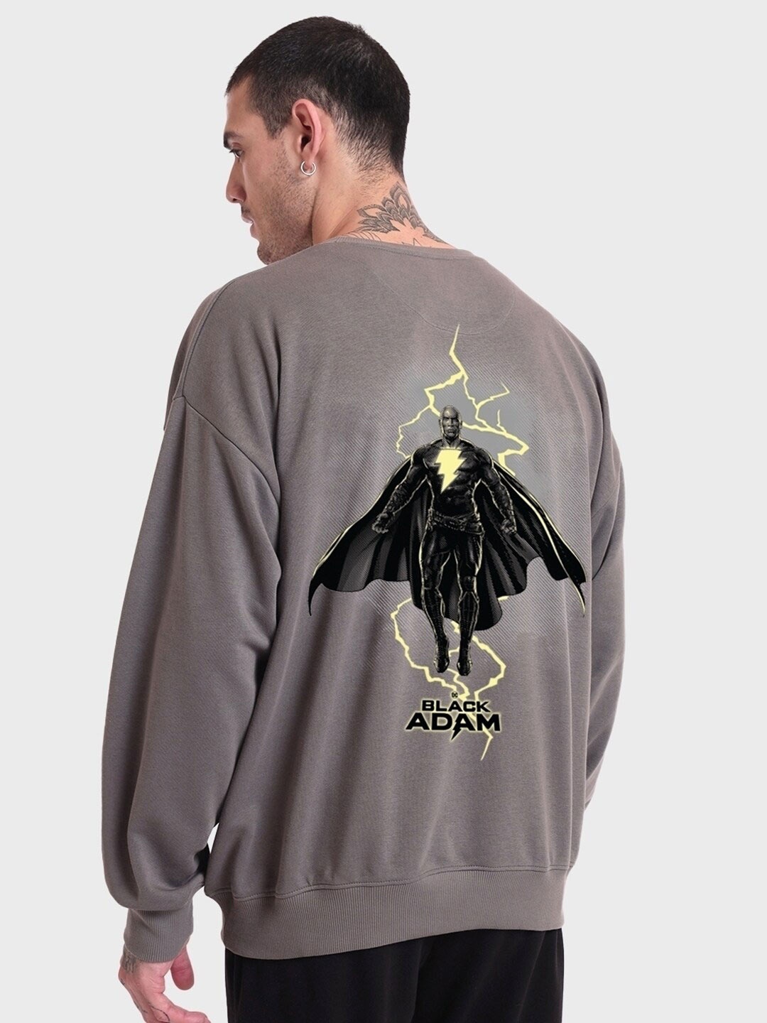 Bewakoof Grey Adam Printed Fleece Oversized Sweatshirt