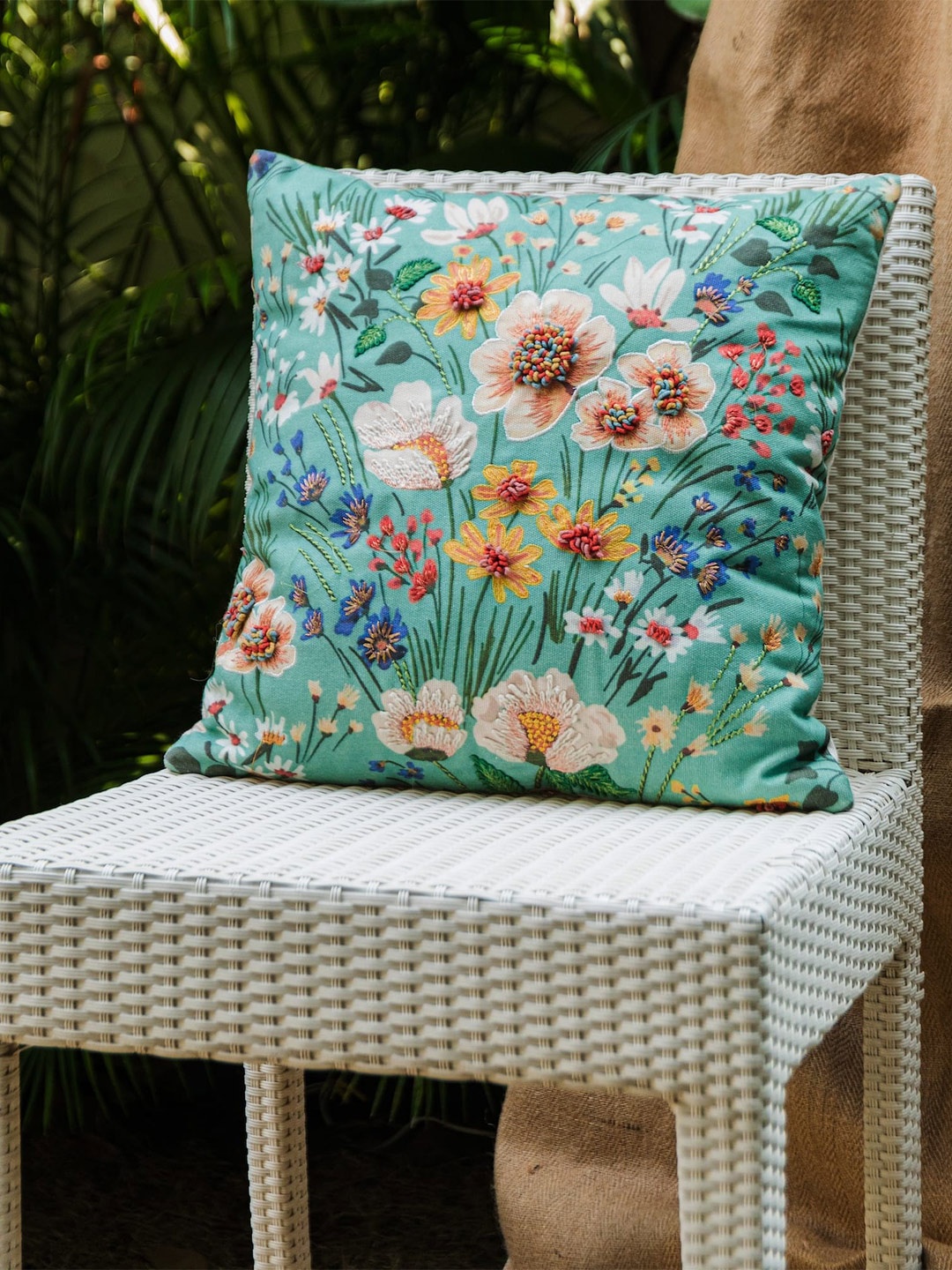 

LUSH & BEYOND Teal Green Floral Embroidered Cotton Square Cushion Cover
