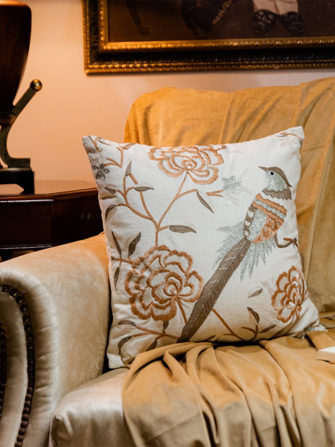 

LUSH & BEYOND Cream Embroidered Cotton Square Cushion Cover
