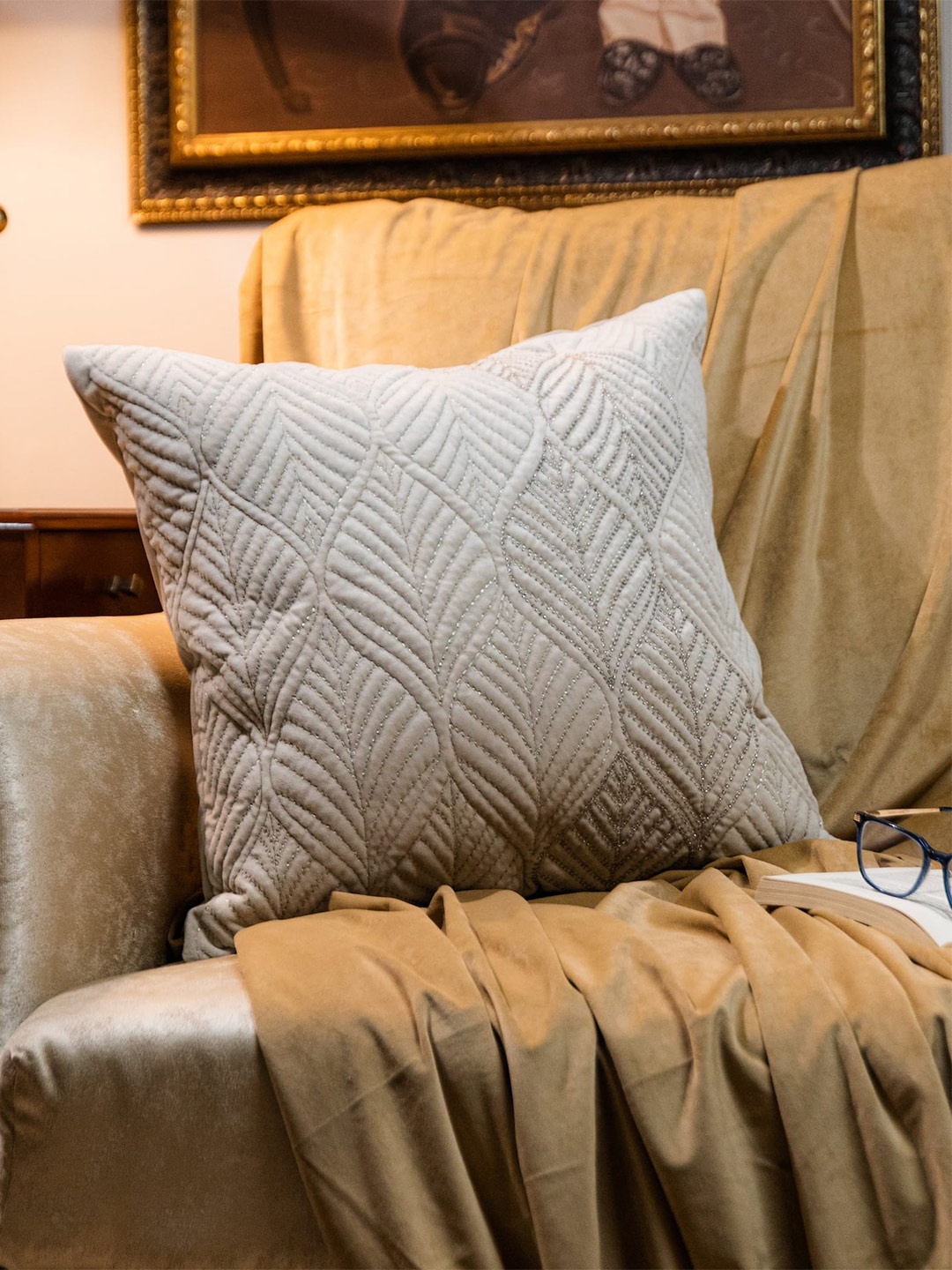 

LUSH & BEYOND Beige Cotton Quilted & Embroidered Square Cushion Cover