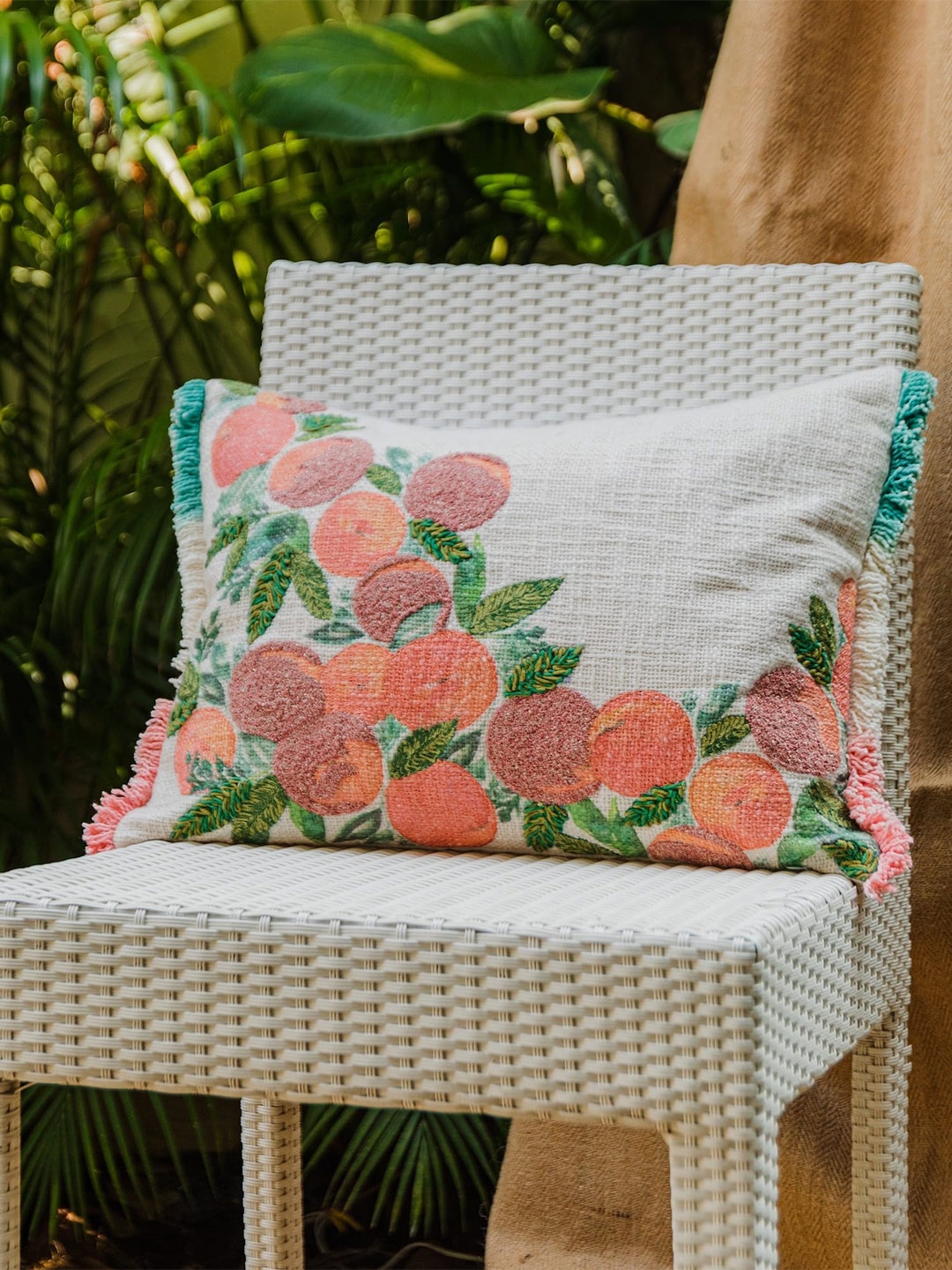 

LUSH & BEYOND Cream Printed & Embroidered Cotton Rectangle Cushion Cover