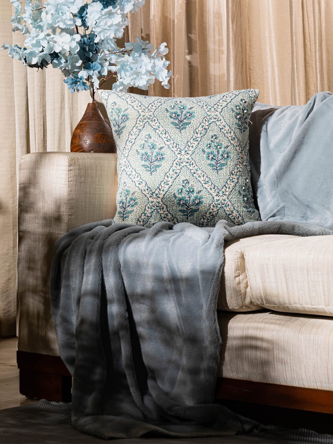 

LUSH & BEYOND Blue &Off White Printed & Dori Work Cotton Square Cushion Covers