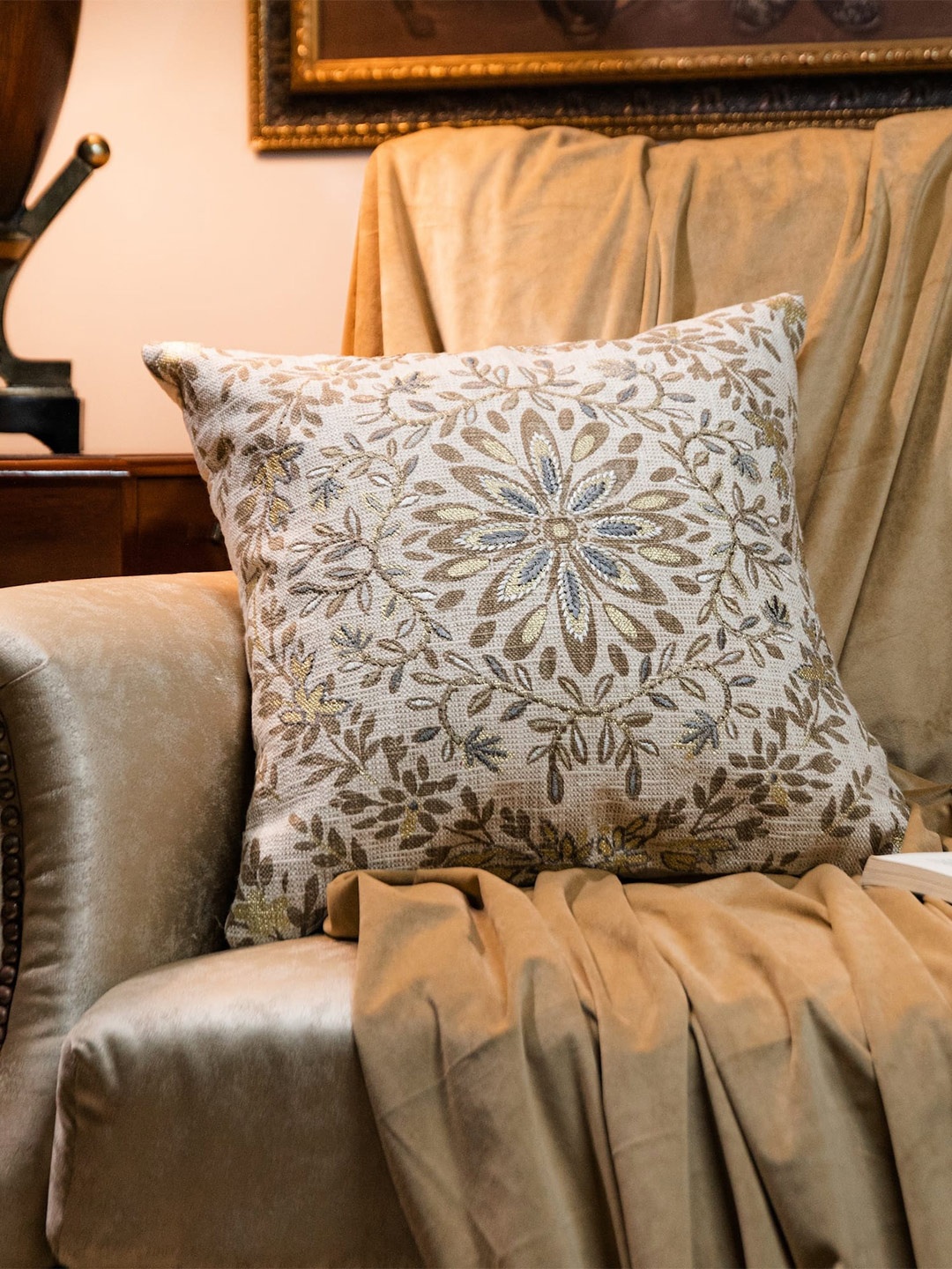 

LUSH & BEYOND Cream Coloured & Beige Embroidered Cotton Square Cushion Cover