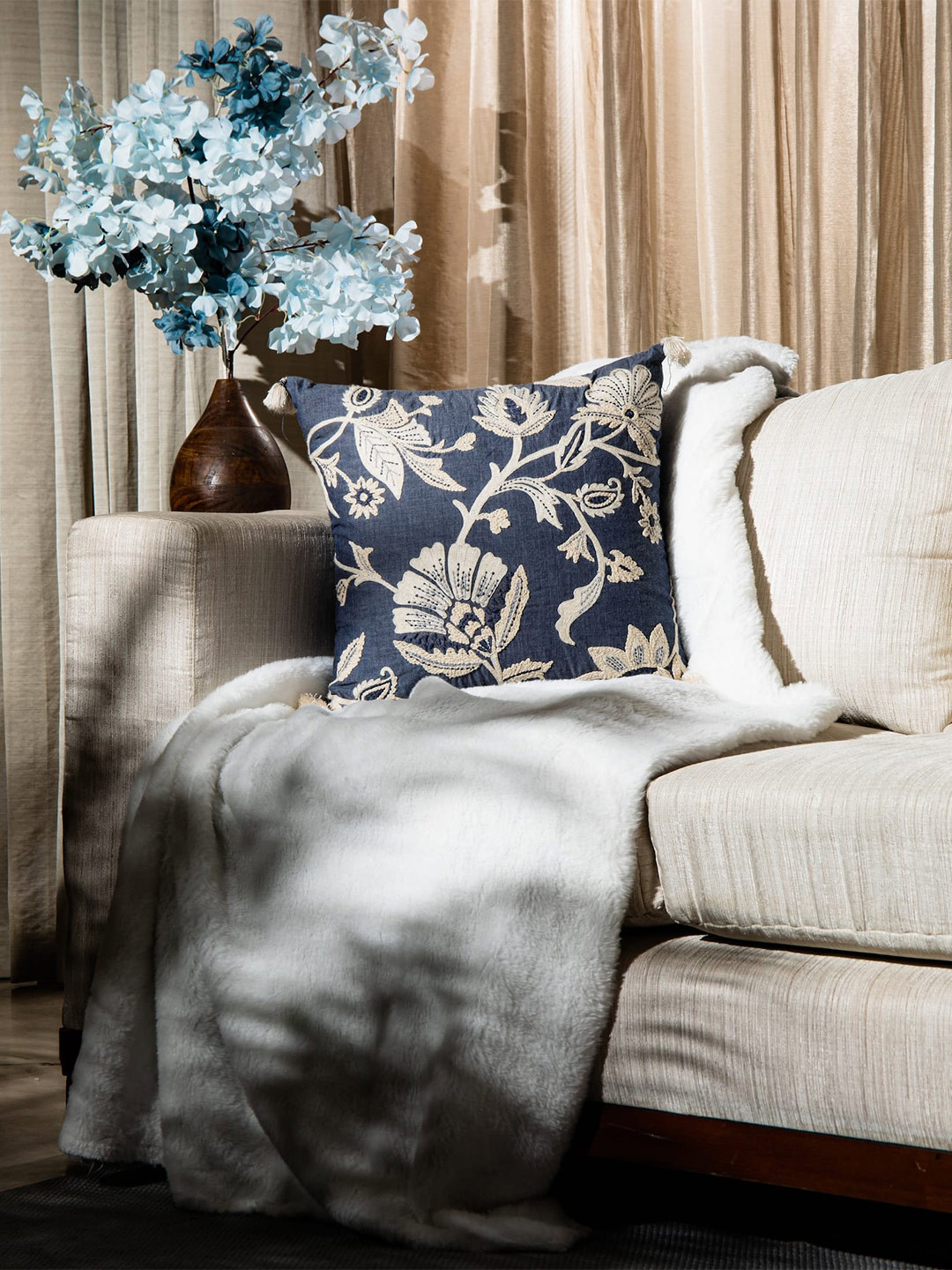 

LUSH & BEYOND Navy Blue & Cream Coloured Embroidered Cotton Square Cushion Cover